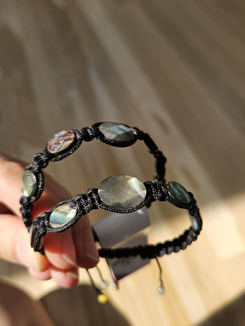 Black Macrame Bracelet with Iridescent Abalone Shell Accents - Set Of 2